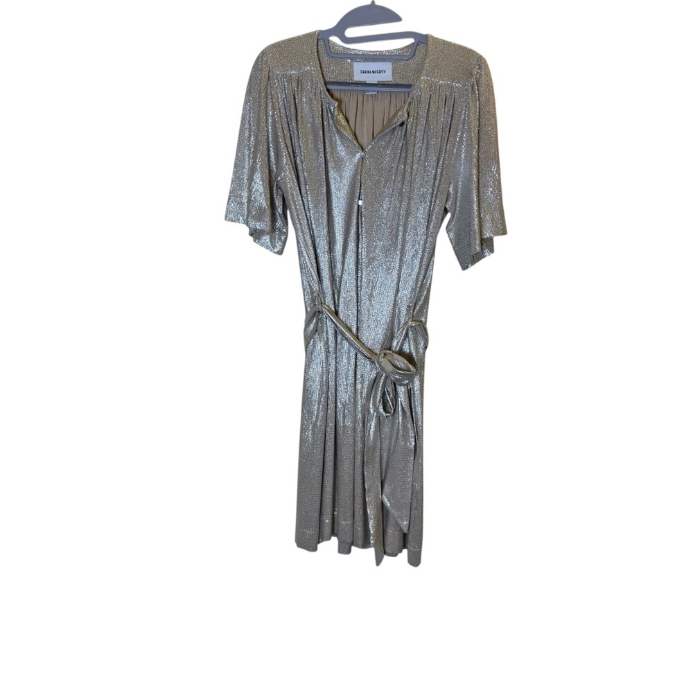 Sabina Musayev Metallic Silver Flutter Sleeve Flowy Mini Cocktail Dress sz S